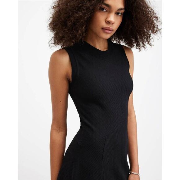 AllSaints Ribbed Knit Gia Asymmetric Midi Dress Women's Black Size 2 - Picture 5 of 9